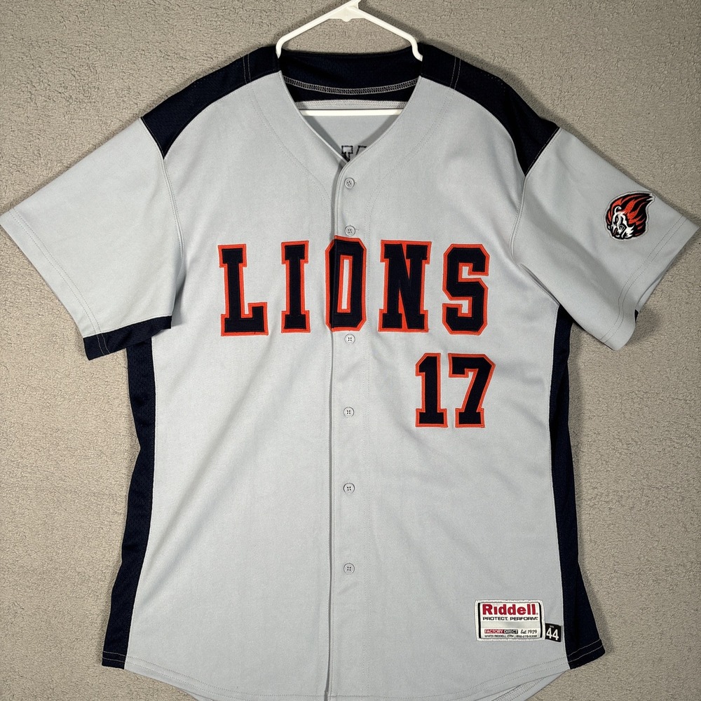 Riddell Lions Johnson 17 Baseball Jersey Gray Navy Blue Stitched Size 44 Mens
